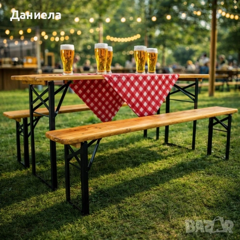 Сгъваем комплект градинска маса с 2 пейки - От чамово дърво, с отвор за чадър