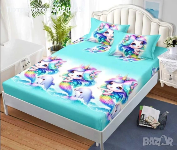 Чаршаф с ластик за голяма спалня и 2 калъфки, снимка 2 - Спално бельо - 53377012