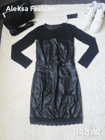 Дамска кожена рокля с ръкави от тюл, снимка 3 - Рокли - 47560475