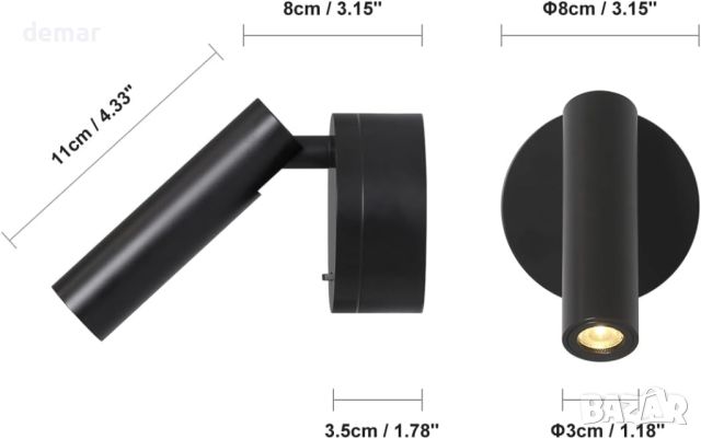 DAWALIGHT LED стенна лампа за четене 3W 3000K Регулируема с превключвател, алуминий, черно, снимка 6 - Лампи за стена - 45342162