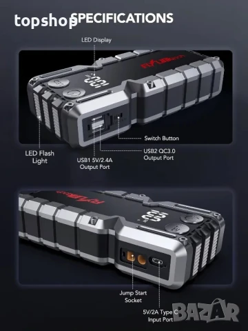 НОВ 5000A автомобилен стартер, захранващ блок jump starter, авариен стартер, бързо зареждане с USB.., снимка 4 - Аксесоари и консумативи - 50553843