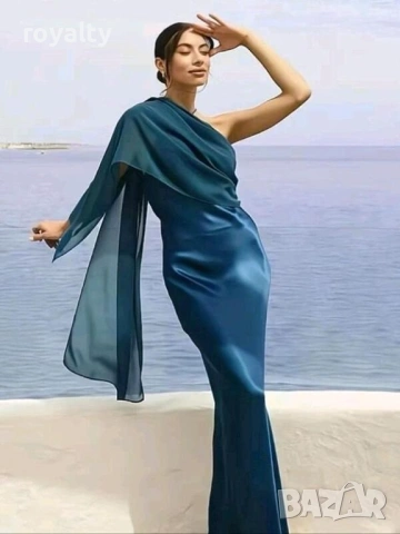 Официална сатенена рокля в тюркоазен цвят