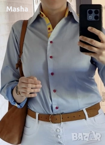 Дамска синя ретро риза GrosVenor London 14 UK M, снимка 8 - Ризи - 52355034