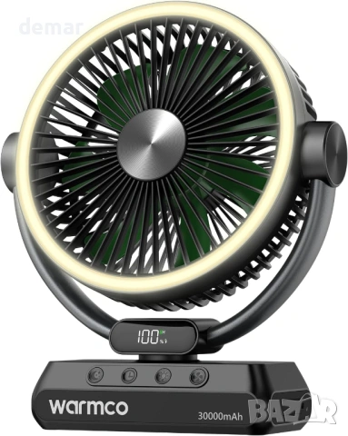 Warmco 30000mAh 30W преносим настолен вентилатор с LED светлина, черен