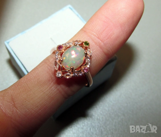 925 сребърен пръстен с розово злато и много красив цветен етиопски опал, снимка 5 - Пръстени - 54203915