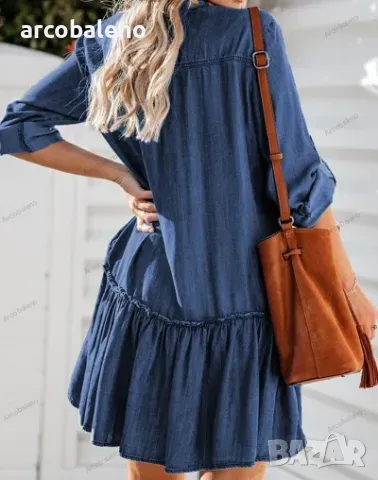 Дамска дънкова миди рокля с V-образно деколте , снимка 2 - Рокли - 40669775