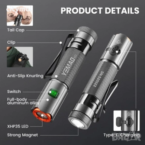 Малък супер мощен фенер YM-M52, 1050 лумена, магнит, 2 батерии, Type-C, снимка 2 - Лед осветление - 53434601