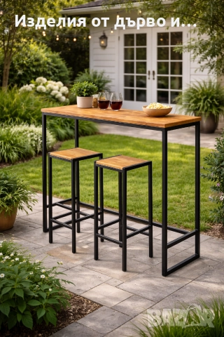 Бар маса с два стола метал и масив дърво стилна и здрава , снимка 5 - Маси - 52896182