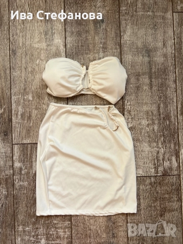 Уникален нов  бял еластичен парти официален коктейлен сет комплект от две части бюстие пола костюм , снимка 3 - Костюми - 49329228