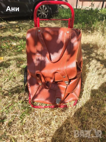 Количка за багаж с кожена чанта, снимка 1