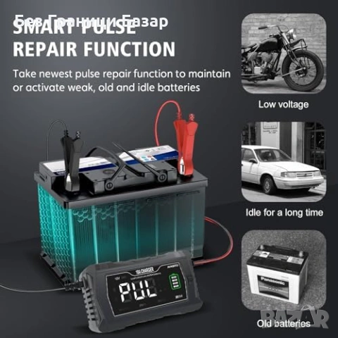 Ново Смарт зарядно 10A 12V/24V ремонт режим дисплей за акумулатори кола, снимка 5 - Друга електроника - 53685862