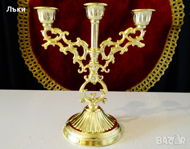 Калаен троен свещник тройка,посребрен,позлатен. 
