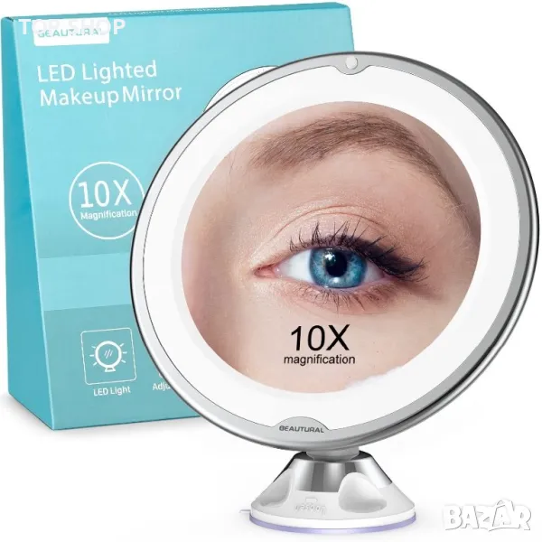 BEAUTURAL преносимо козметично LED огледало за грим/10x увеличени/вакуумна стойка с ключалка 360°, снимка 1