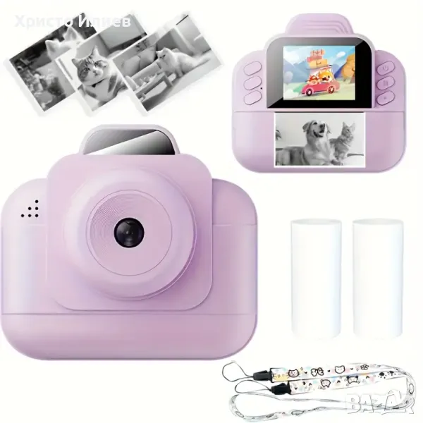 Детски фотоапарат за моментни снимки с дисплей мини термален Принтер с хартия комплект Лилав, снимка 1