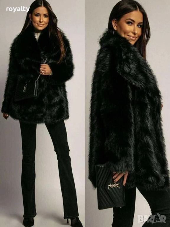 Дамско Черно Палто с Еко Косъм, снимка 1