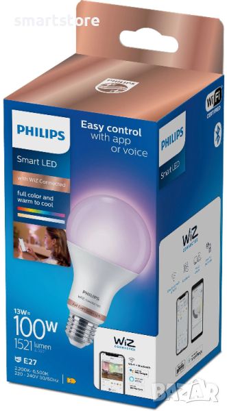 Смарт крушка Philips - Smart с WiZ Led, 13W (100W), E27, A60, RGB (пълноцветна), dimmer (димируема), снимка 1