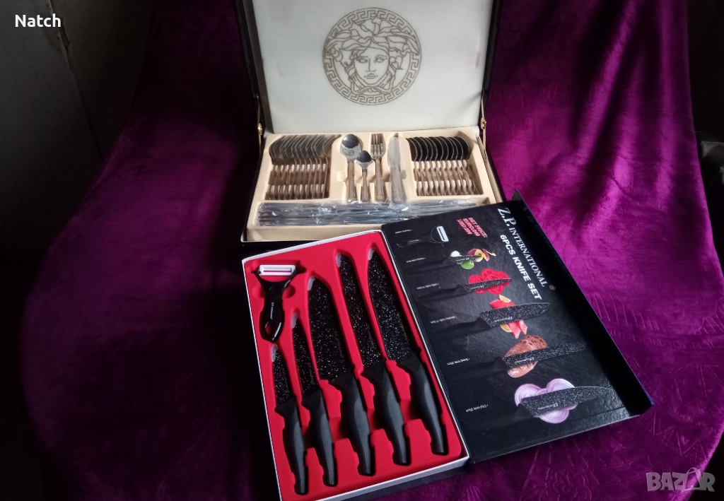 Комплект прибори за хранене за 12 души и метало-керамични кухненски ножове, снимка 1