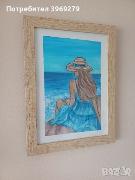 Лечебна ръчно рисувана картина с маслени пастели-Жена на плажа, 25/34 см., снимка 1