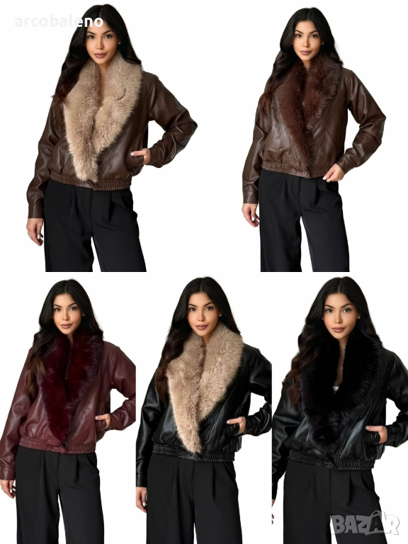 Дамско яке от изкуствена кожа с яка от изкуствена кожа, 5цвята , снимка 1