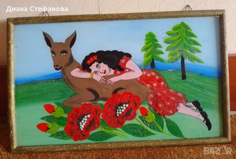 Стара картина върху стъкло "АЛЁНУШКА И СЕРЫЙ ВОЛК", снимка 1