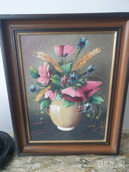 49х39см/малка картина масло върху фазер/натюрморт ваза с цветя/дървена рамка, снимка 1