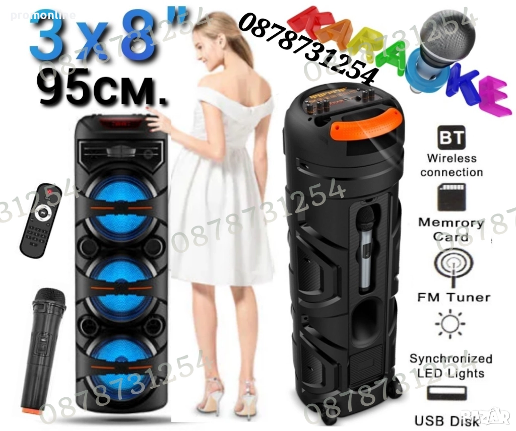 Голяма и Мощна Тонколона 3х8 инча с Безжичен Микрофон и Дистанционно, снимка 1