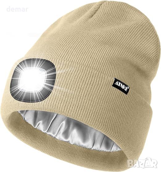 ATNKE Плетена шапка със светлинно фенерче, USB акумулаторна 4 LED, бежова, снимка 1