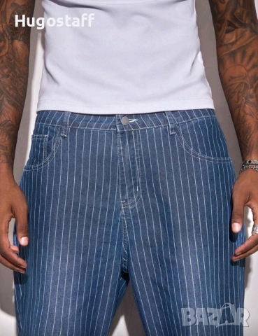 Нови baggy дънки райета сини Casual Loose Fit Jeans панталони карго Л/34, снимка 5 - Дънки - 53115043