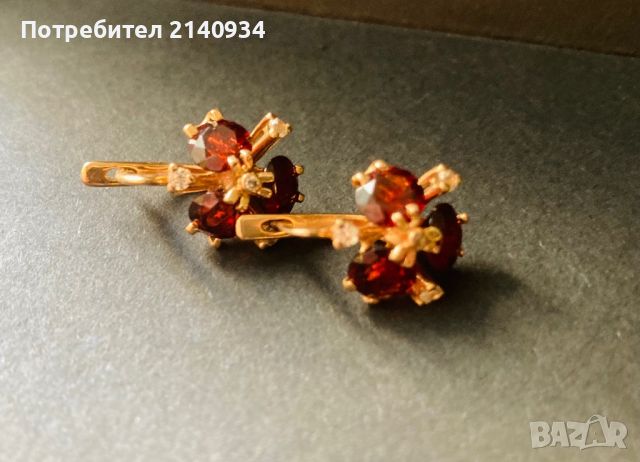 Руски златни обеци и пръстен с гранат, снимка 3 - Обеци - 45886919