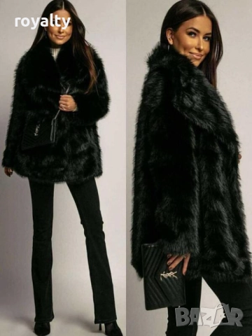 Дамско Черно Палто с Еко Косъм