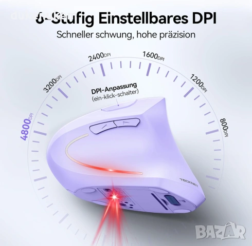 Ергономична вертикална безжична мишка TECKNET – Bluetooth + USB, 4800 DPI, снимка 4 - Клавиатури и мишки - 53254518