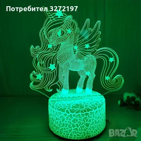 Холограмна 3D LED лампа Еднорог - дистанционно управление 16 цвята+други режими на управление, снимка 4 - Настолни лампи - 49505412