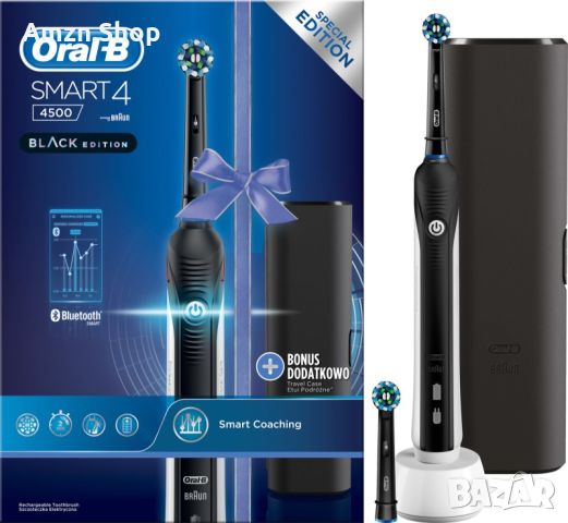 Електрическа четка за зъби Oral-B Smart 4 4500 Black Edition Черна 3 режима 2 глави Bluetooth Таймер, снимка 1 - Други - 45753877