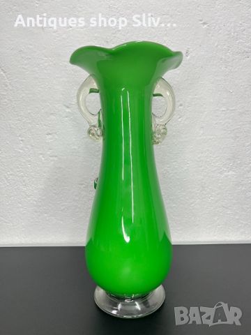 Винтидж зелена стъклена ваза. №5395, снимка 5 - Антикварни и старинни предмети - 45761590