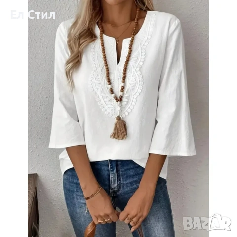 Бяла памучна блуза с дантела и седем осми ръкави, снимка 3 - Тениски - 53915510