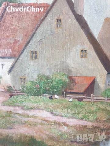 Krotter 77х67см/стара австрийска картина масло върху платно/пейзаж/къщи-река/дървена рамка, снимка 8 - Картини - 51217429