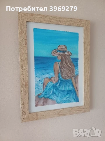 Лечебна ръчно рисувана картина с маслени пастели-Жена на плажа, 25/34 см., снимка 1