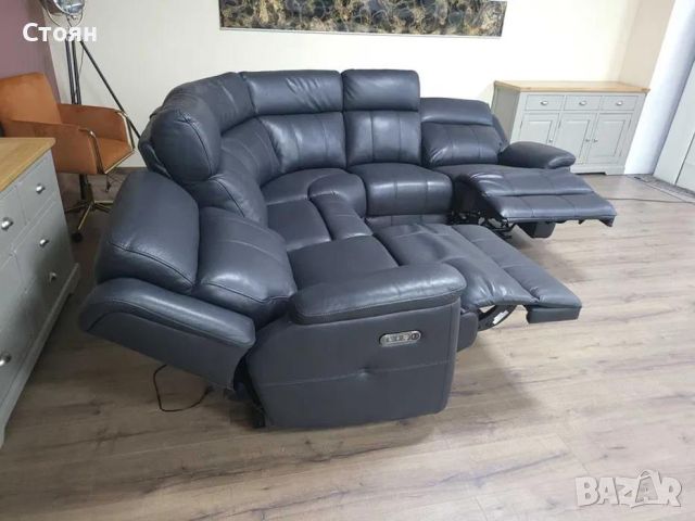 Черен кожен ъглов диван с електрически релаксиращ механизъм Gracy, снимка 6 - Дивани и мека мебел - 46475382