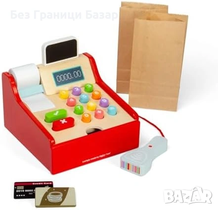 Нова играчка Дървен супермаркет комплект: каса, скенер, пари, карта и аксесоари, снимка 2 - Образователни игри - 53530279