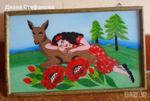 Стара картина върху стъкло "АЛЁНУШКА И СЕРЫЙ ВОЛК"