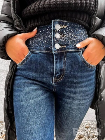 дънки с камъни висока талия , снимка 2 - Дънки - 51737533