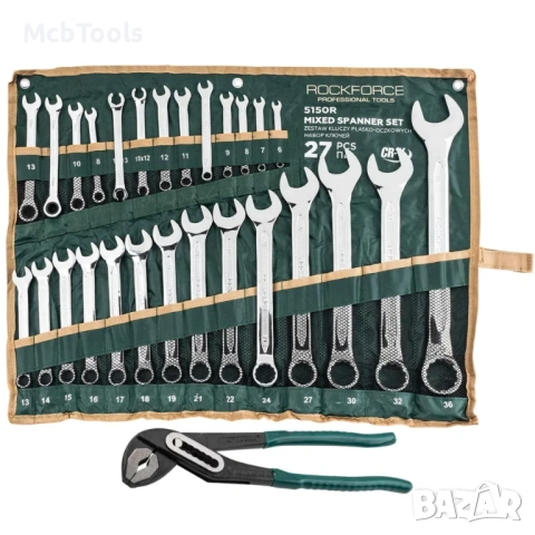 Комплект комбинирани ключове 27 части + подарък клещи гарги 10″ RockForce