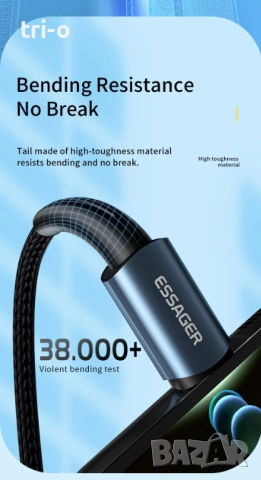 Essager 60W Type C към Type C кабел за бързо зареждане на мобилен телефон, снимка 2 - USB кабели - 52499869
