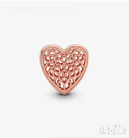 Сребърен елемент PANDORA 925 Rose Gold Filigree Heart, снимка 2 - Гривни - 46975613