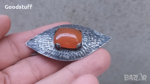 Сребърна, карнеол, брошка в стил арт нуво, ръчна изработка , снимка 2 - Други - 51773049