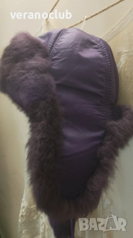 Лилава шапка Ушанка с естествен пух Размер 54 см, снимка 2 - Шапки - 52022868