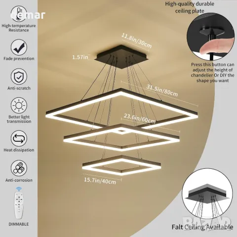Модерен LED полилей, димируем, 3-слоен квадрат, регулиране на височина, снимка 3 - Полилеи - 48205109