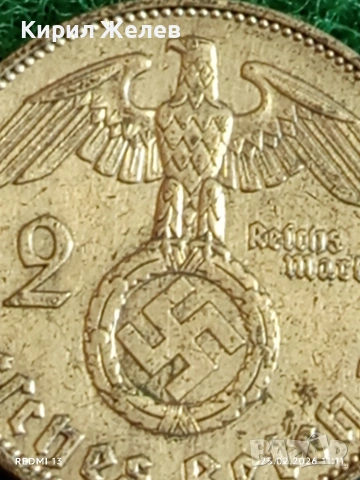 Сребърна монета 2 райхсмарки 1937г. Германия Трети Райх с Свастика за КОЛЕКЦИОНЕРИ 35465, снимка 3 - Нумизматика и бонистика - 53615626