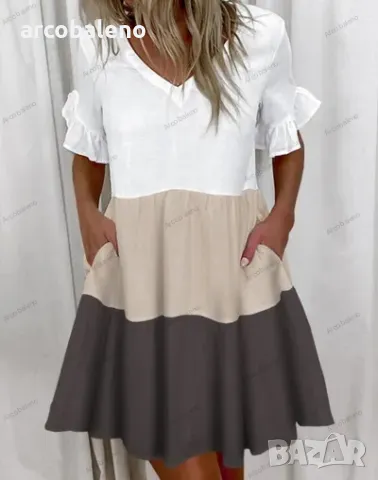 Свободна модна с V-образно деколте къса рокля с джоб и волан, 10цвята , снимка 7 - Рокли - 50133940