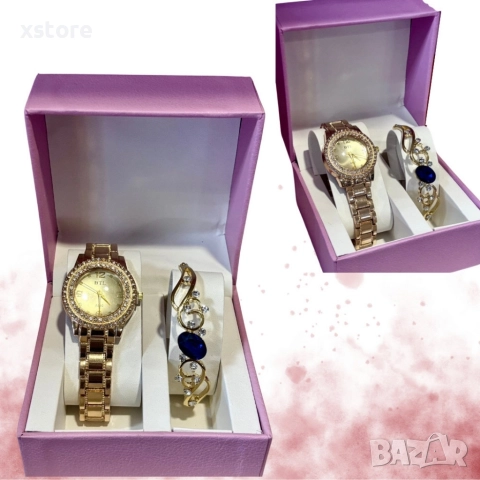 Луксозен дамски комплект – елегантен часовник и изискана гривна със скъпоценни камъни, снимка 2 - Бижутерийни комплекти - 52793531